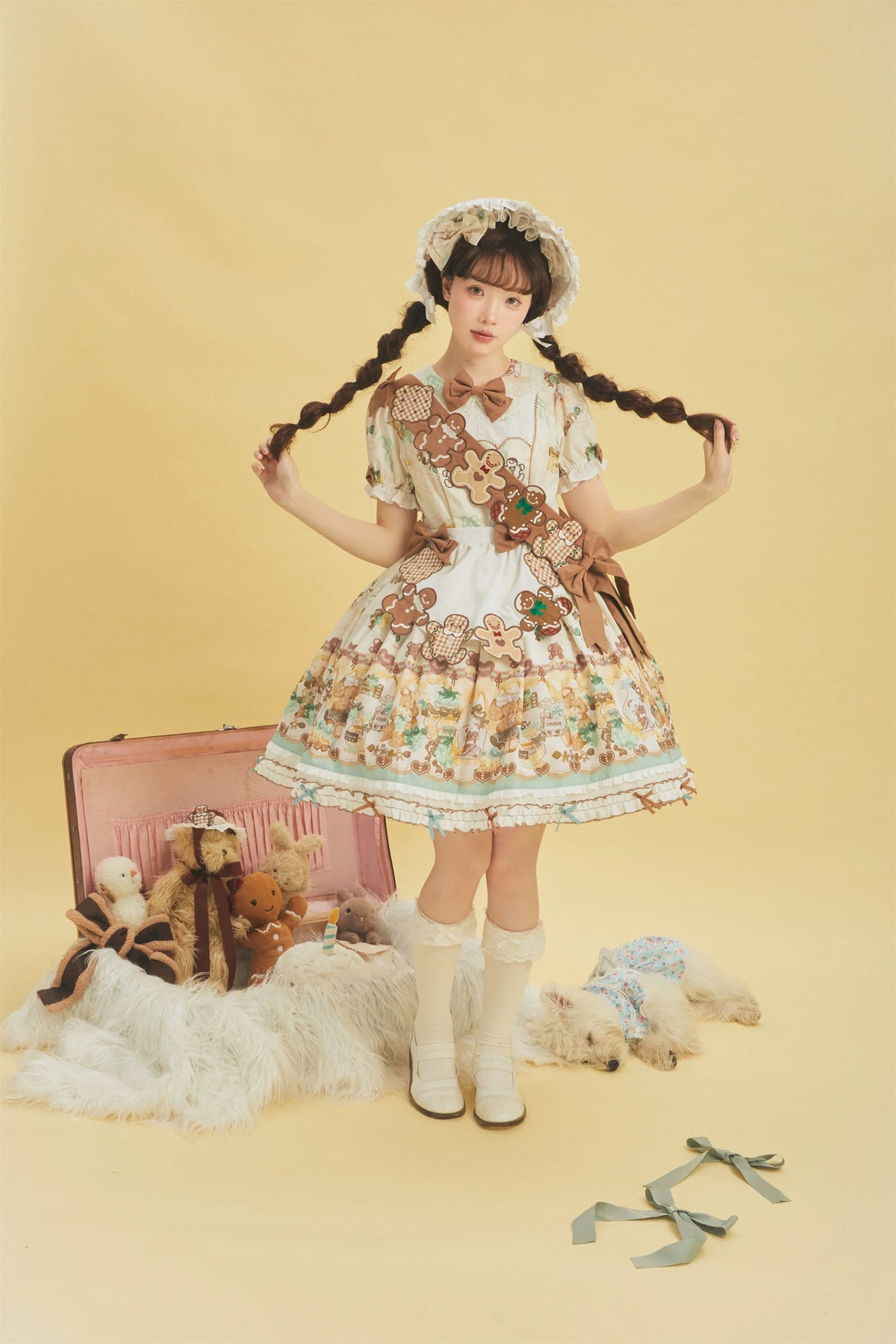 Babyblue - Little Bear Honey Jar - Kawaii Lolita Short Sleeve OP Gingerbread Man Embroidered Dress